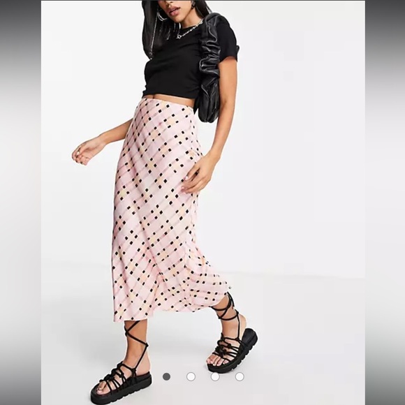 Topshop check midi bias slip skirt in pink size 2 - Picture 2 of 16